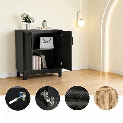 Black Rattan-Door Storage Cabinet with Adjustable Shelf