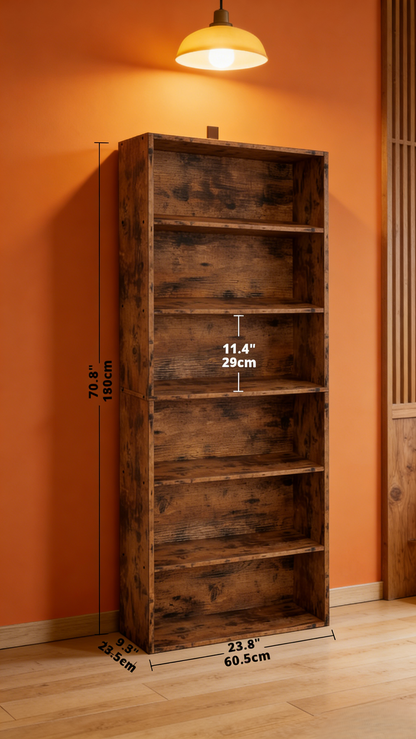 Rustic Wood 6-Tier Bookcase Shelving Unit