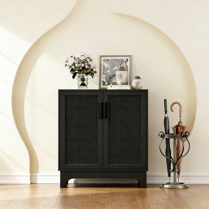 Black Rattan-Door Storage Cabinet with Adjustable Shelf