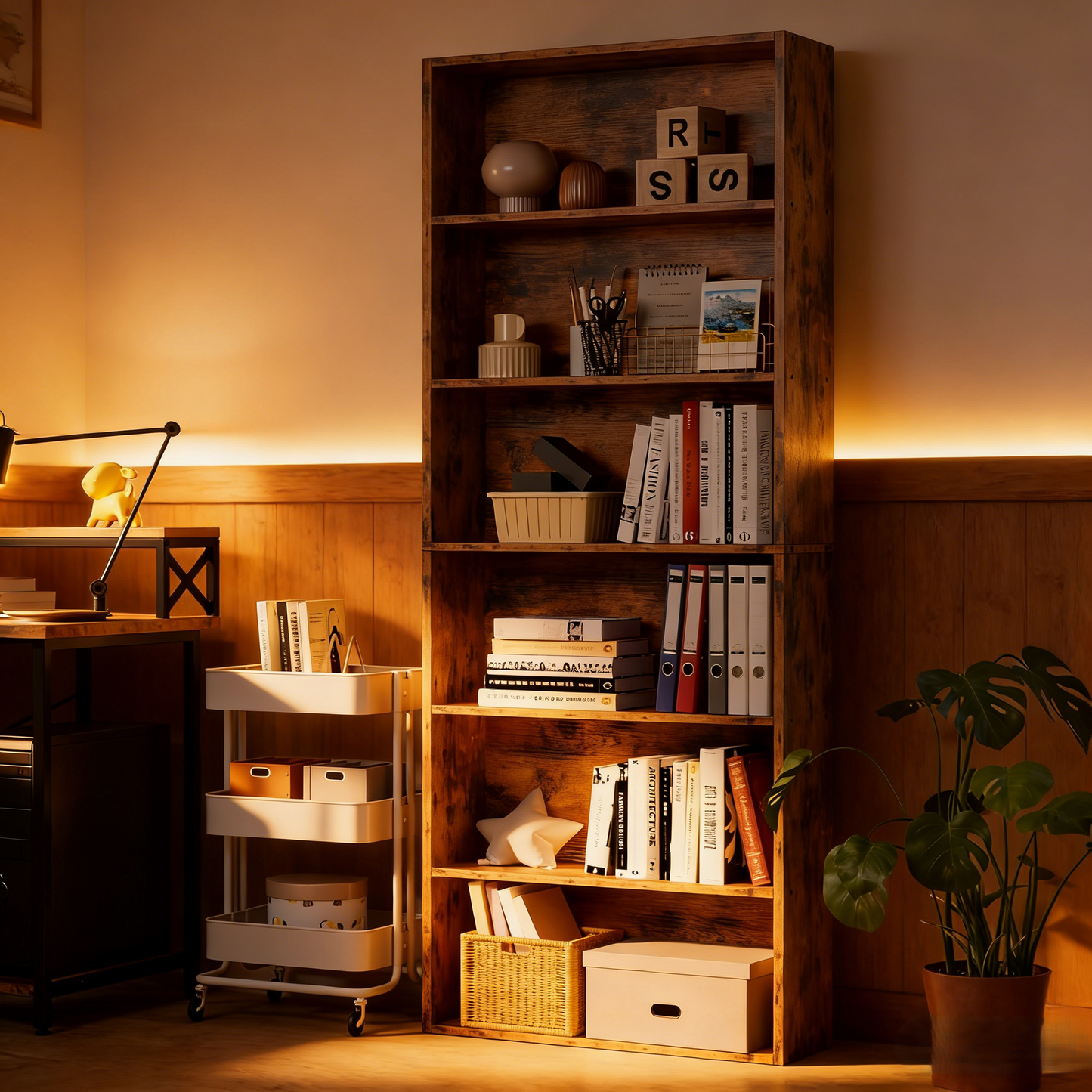 Rustic Wood 6-Tier Bookcase Shelving Unit