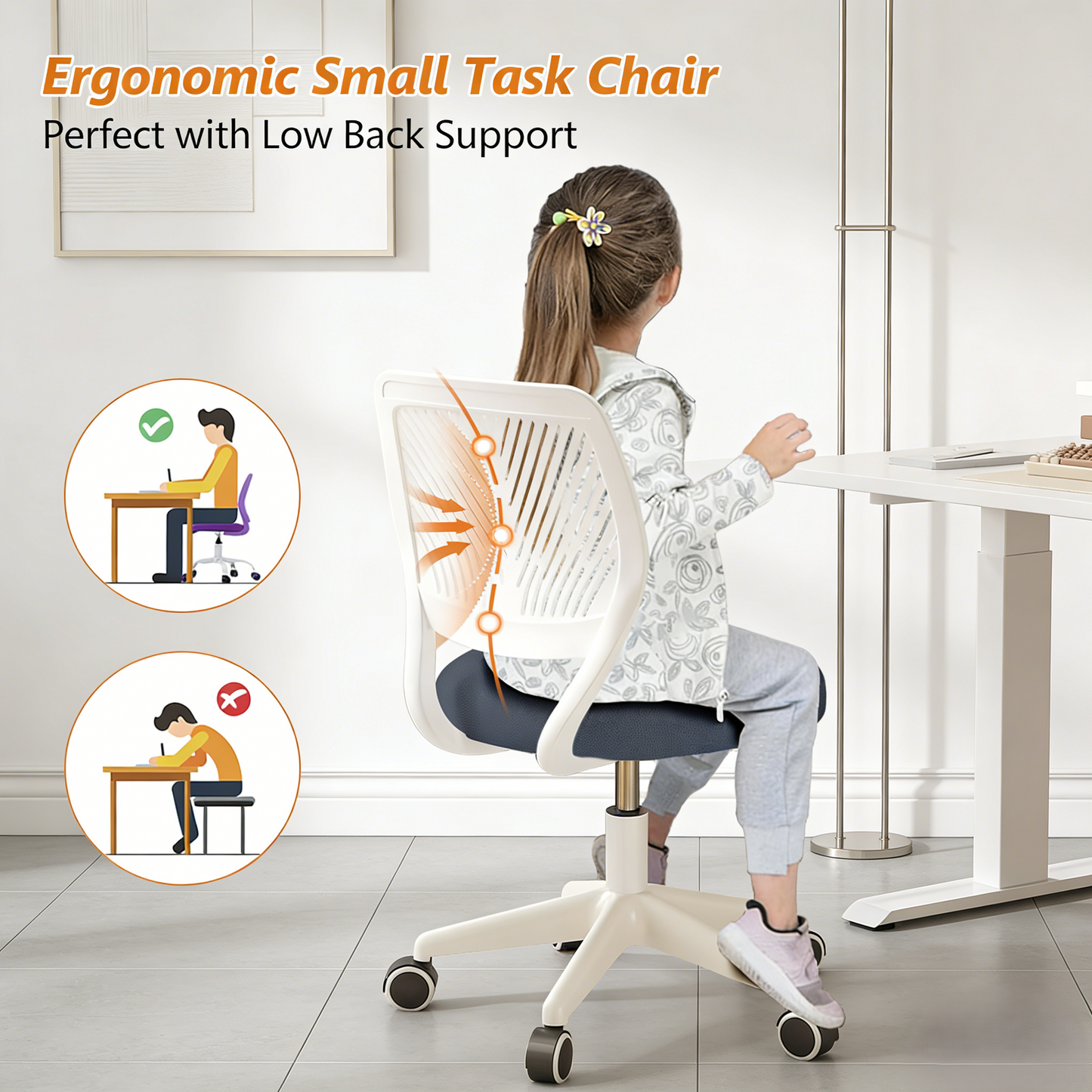 Ergonomic Low-Back Task Chair with Wheels