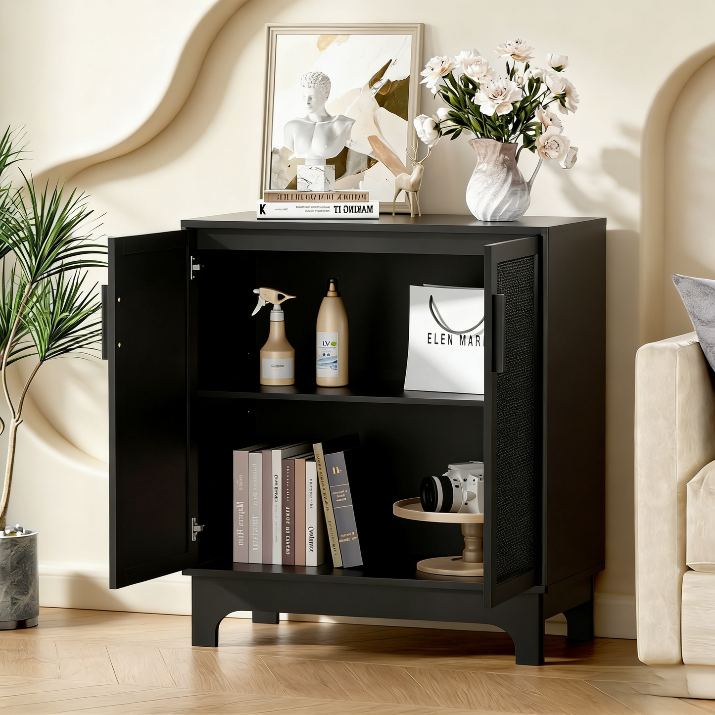 Black Rattan-Door Storage Cabinet with Adjustable Shelf