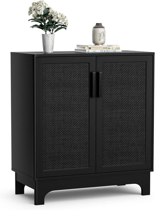 Black Rattan-Door Storage Cabinet with Adjustable Shelf